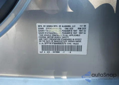 2010 Honda Ridgeline Rtl из США, поврежденный, VIN 5FPYK1F56AB003579